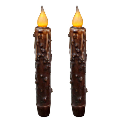 CVHOMEDECO. Real Wax Hand Dipped Battery Operated LED Timer Taper Candles Country Primitive Flameless Lights Décor, 6-3/4 Inch, Brown, 2 PCS in a Package
