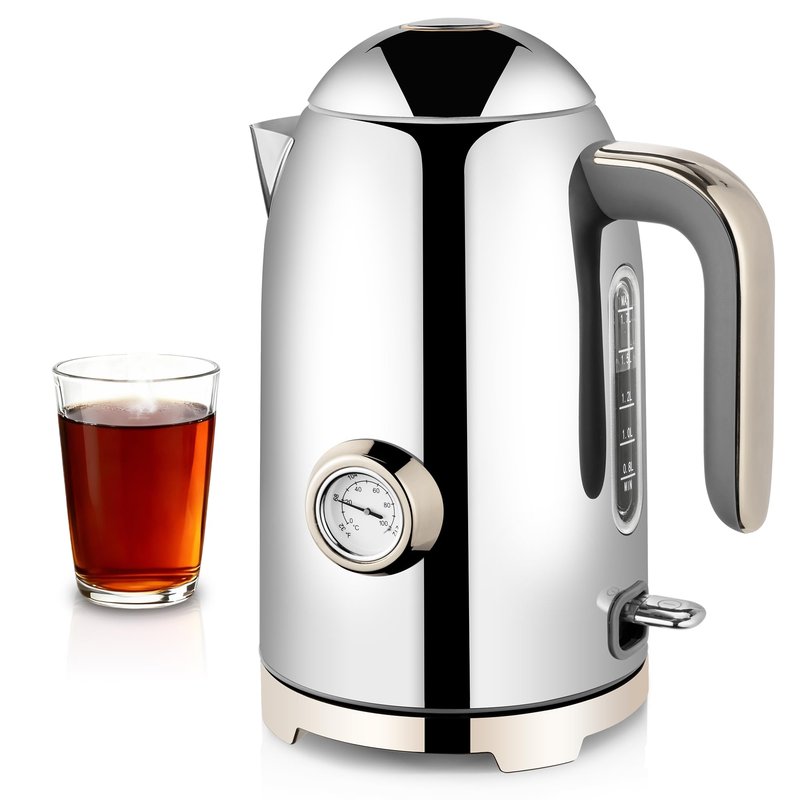 SUSTEAS Electric Kettle - 57oz Hot Tea Water Boiler with Thermometer, 1500W Fast Heating Stainless Steel Pot, Cordless LED Indicator, Auto Shut-Off & Boil Dry Protection, Glossy Silver
