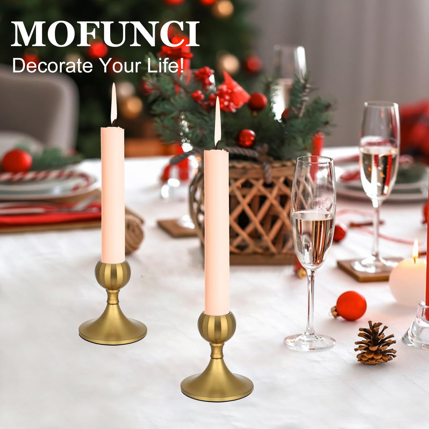 Mofunci Candlestick Holders Taper Candle Holders, Gold Candle Stick Holders Decor for Wedding Christmas Birthday Party Holiday, Short Candle Holders for Table Centerpieces Home Decor, Set of 2