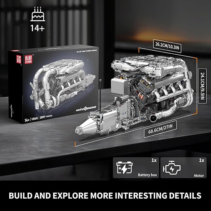 Mould King V8 Twin-Turbo Engine Model Kit That Runs Mini Engines Building Blocks Set for Adults with Battery and Motor Engineering Construction STEM Toy for Teens(2899 PCS)