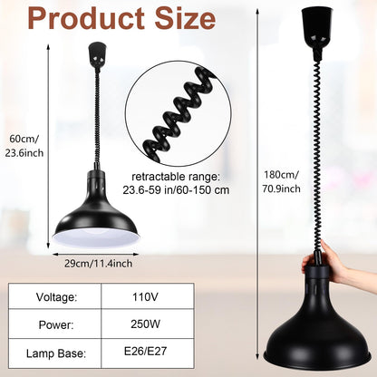 Nuanchu 2 Sets Food Heat Lamps Retractable Food Warmer Lamp with 110v 250w Heating Bulb Restaurant Hanging Warmer for Restaurant Buffet Home Kitchen Catering, Dia 29cm(Black)