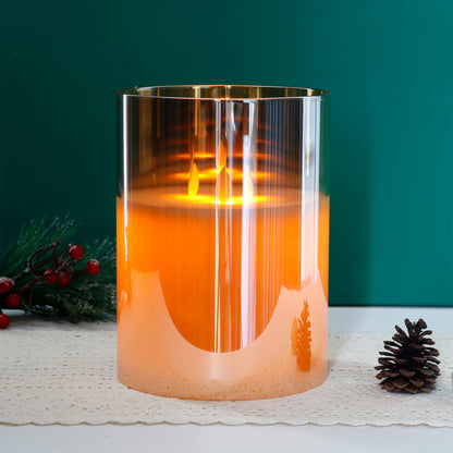 JHY DESIGN Large 3-Wick Glass Flameless Candles 8''H Battery Operated Dancing Flame Flickering LED Pillar Candles with 6-Hour Timer Real Wax Candles for Home Wedding Party Festival（Gold）