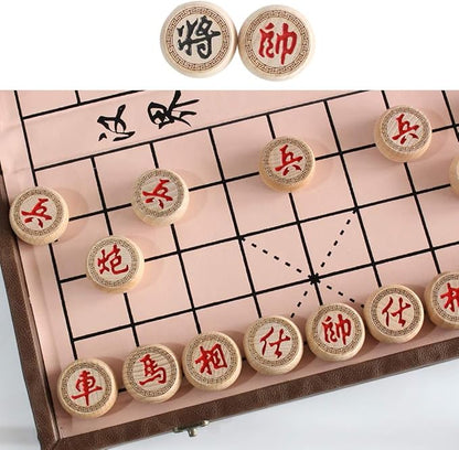 15 inch Chinese Chess Set with PU Leather Foldable Board Xiangqi Portable Chinese Chess Game Set Strategy Xiang Qi Board Games for 2 Players for Adults Family