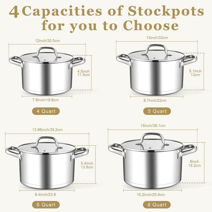 Leonyo Stainless Steel Stock Pot, 8 Quart Stock Pot with Visible Lid, Heavy Duty 3-Ply Induction Cooking Pot for Pasta, Soup, Spaghetti, 18/10 Stainless Steel StockPot for Canning, Boiling, Simmering