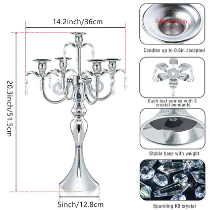 20.3'' Tall 5 Arm Candle Holder Centerpiece for Table, Metal Candelabra Candle Holder, Retro Candlestick Table Centerpieces for Party, Events, Home, Wedding Decor (1Pc, Silver)