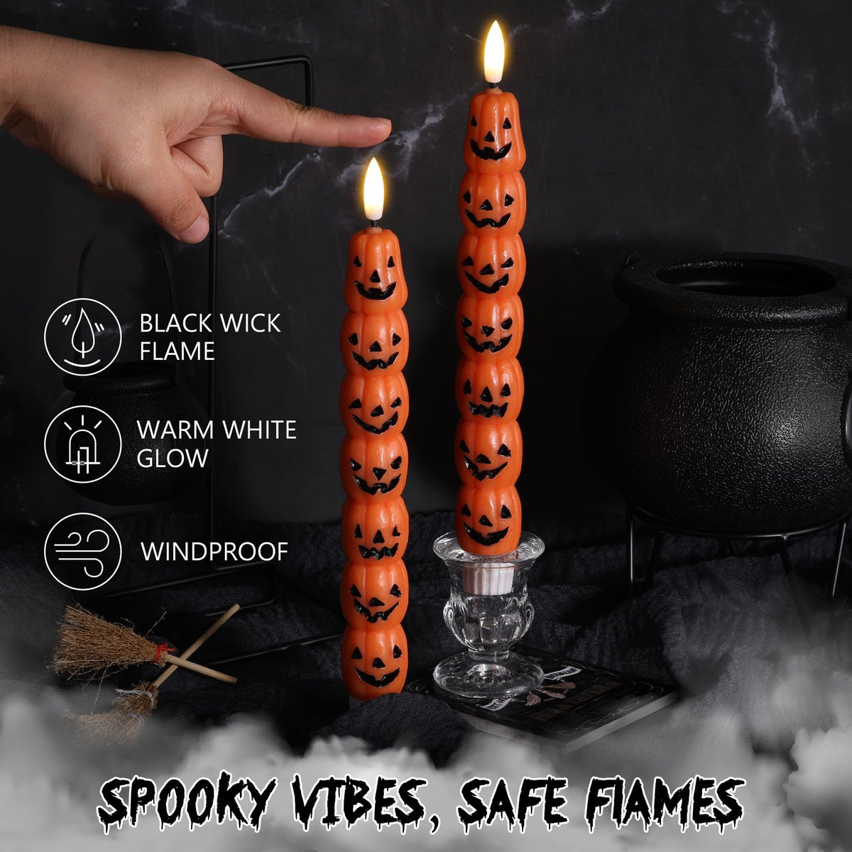 Eywamage Halloween Flameless Taper Candles with Remote, Orange Pumpkin LED Candlesticks Battery Operated Flickering Real Wax Set of 4