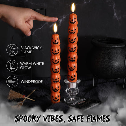 Eywamage Halloween Flameless Taper Candles with Remote, Orange Pumpkin LED Candlesticks Battery Operated Flickering Real Wax Set of 4