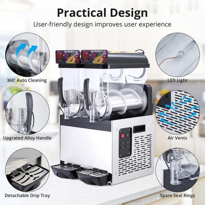 GarveeHome Commercial Slushy Machine, Stainless Steel Margarita Smoothie Frozen Drink Maker, Self-Cleaning, 700W, Perfect for Homes, Coffee Shops,Restaurants,Black,15 L*2