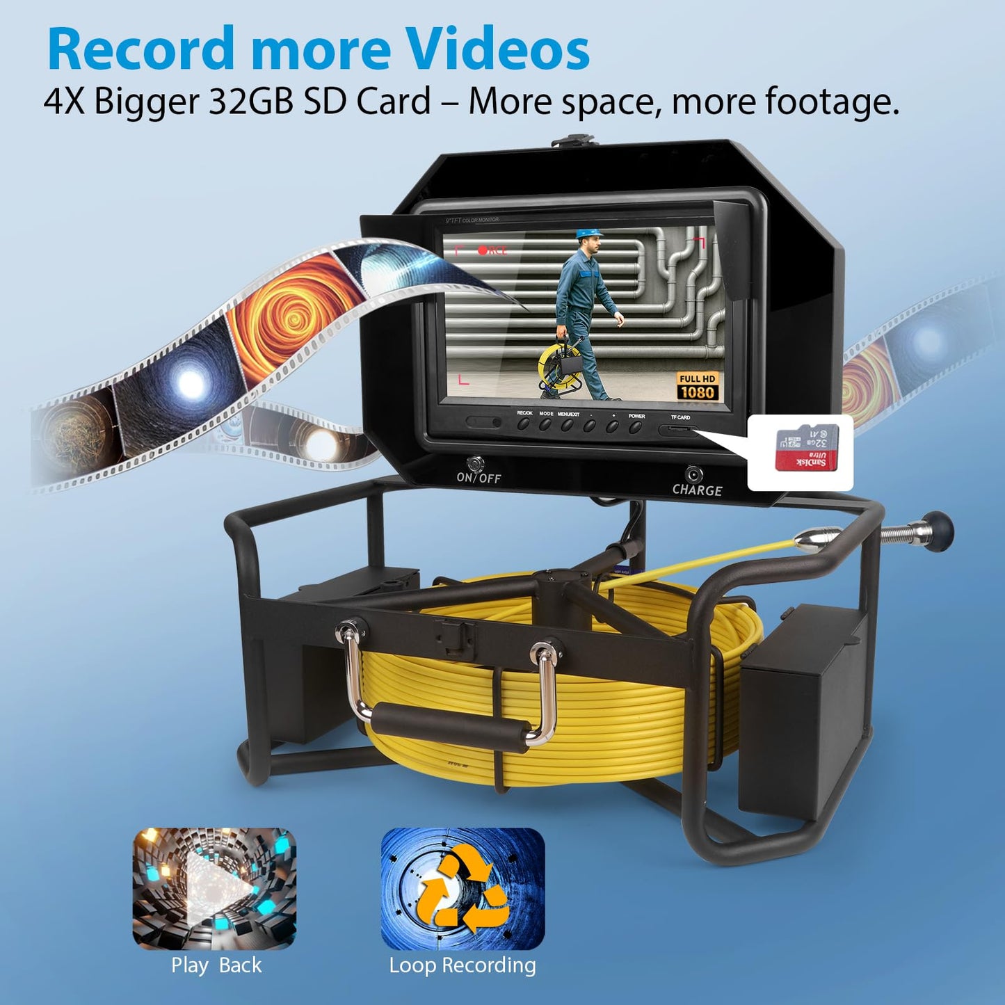 9 inch Monitor 100ft/30m Pipe Inspection Video Camera,IP68 Waterproof 1080P Drain Sewer Pipeline Industrial Endoscope System with Distance Mark Camera DVR Recorder