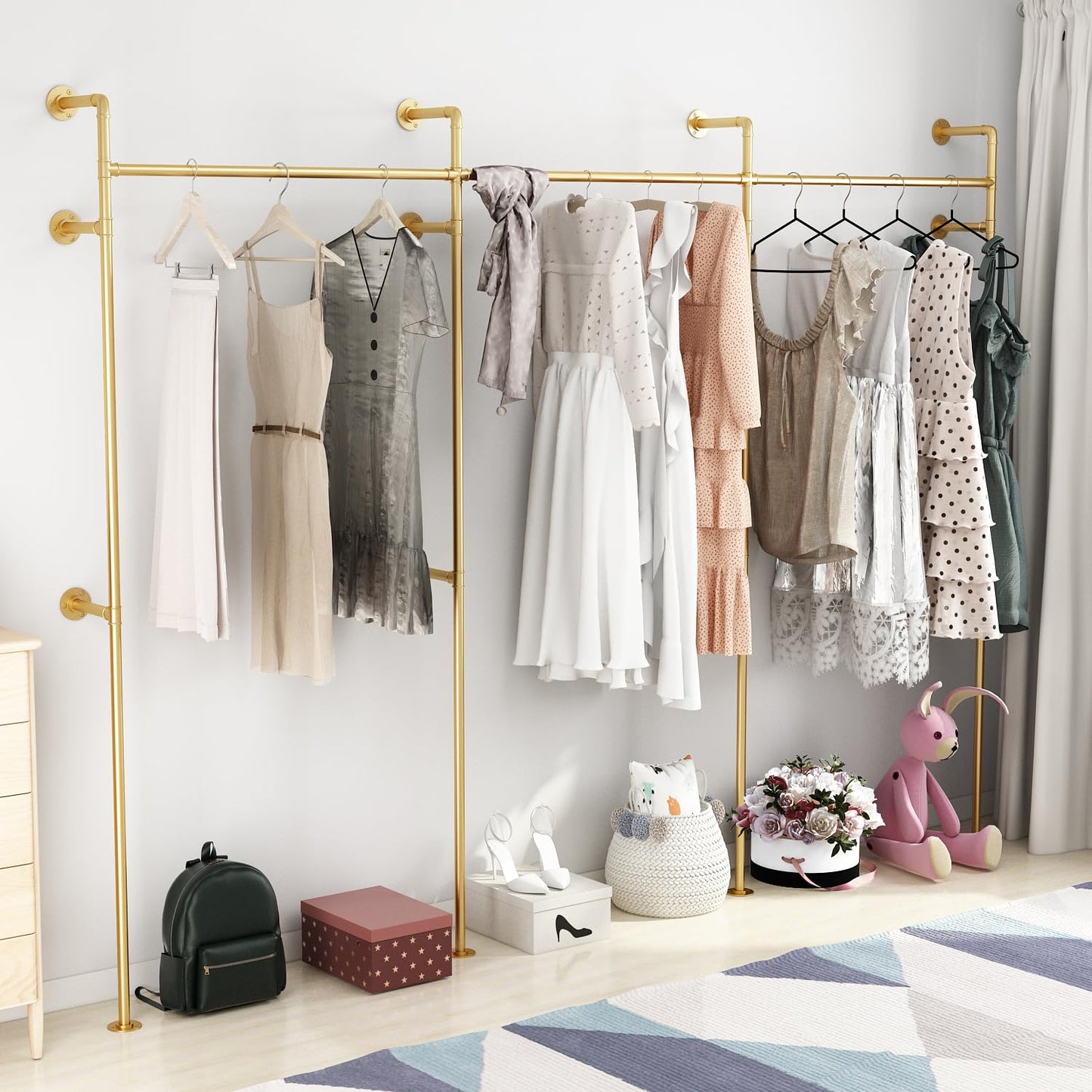 ORSENIGO Industrial Pipe Clothing Rack, Heavy Duty Clothes Rack for Hanging Clothes, Wall Mounted Display Garment Rack for Home Retail Boutique (Three, Gold)