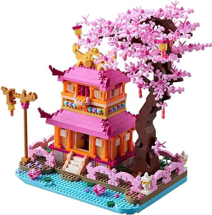 Cherry Blossom Tree House Micro Building Blocks Set Enjoy Flower Pavilion 1810pcs Exquisite Architecture Model Kit for Women (Adults Age of 14+)