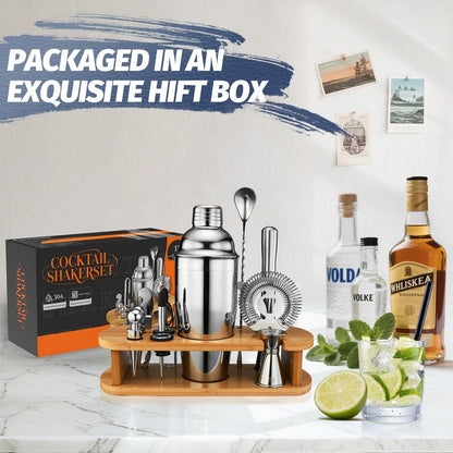 Cocktail Shaker Set Bartender Kit: 13-Pcs Bar Tools Set with Bamboo Stand, Essential Bar Accessories for Home: 25oz Martini Shaker, Jigger, Bar Spoon, Professional Cocktails Kit for Drink Mixing |Gift