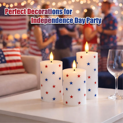 JOIONE 4th of July Flameless Pillar Candles with Remote, 3 Pack Patriotic Battery Operated Real Wax LED Candles, Perfect for Independence Day Home Decorations Fireplace Table, Star Sticker
