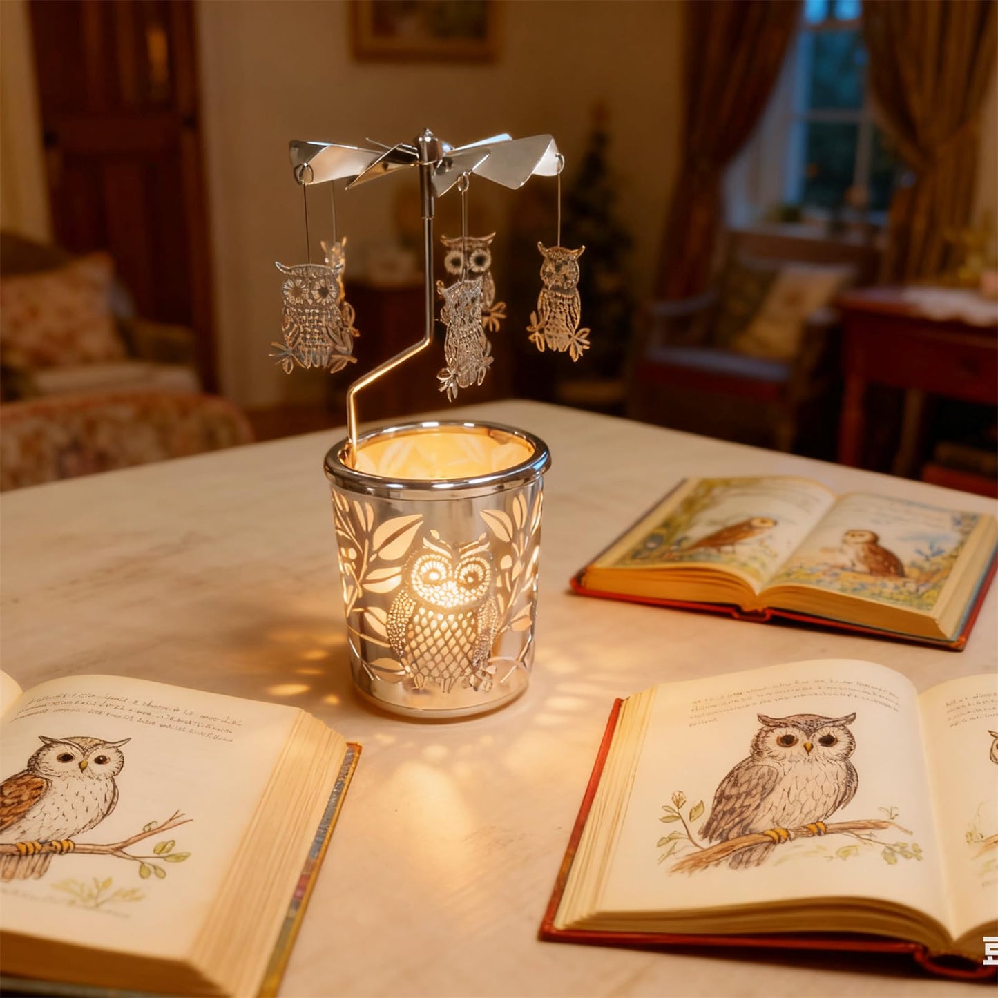 Carousel Rotary Candle Holder Spinning Birthday Gifts for Women, Mom, Wife, Girlfriend, Sister, Her, Metal Windmill Tea Light for Female Friends (Silver owl)