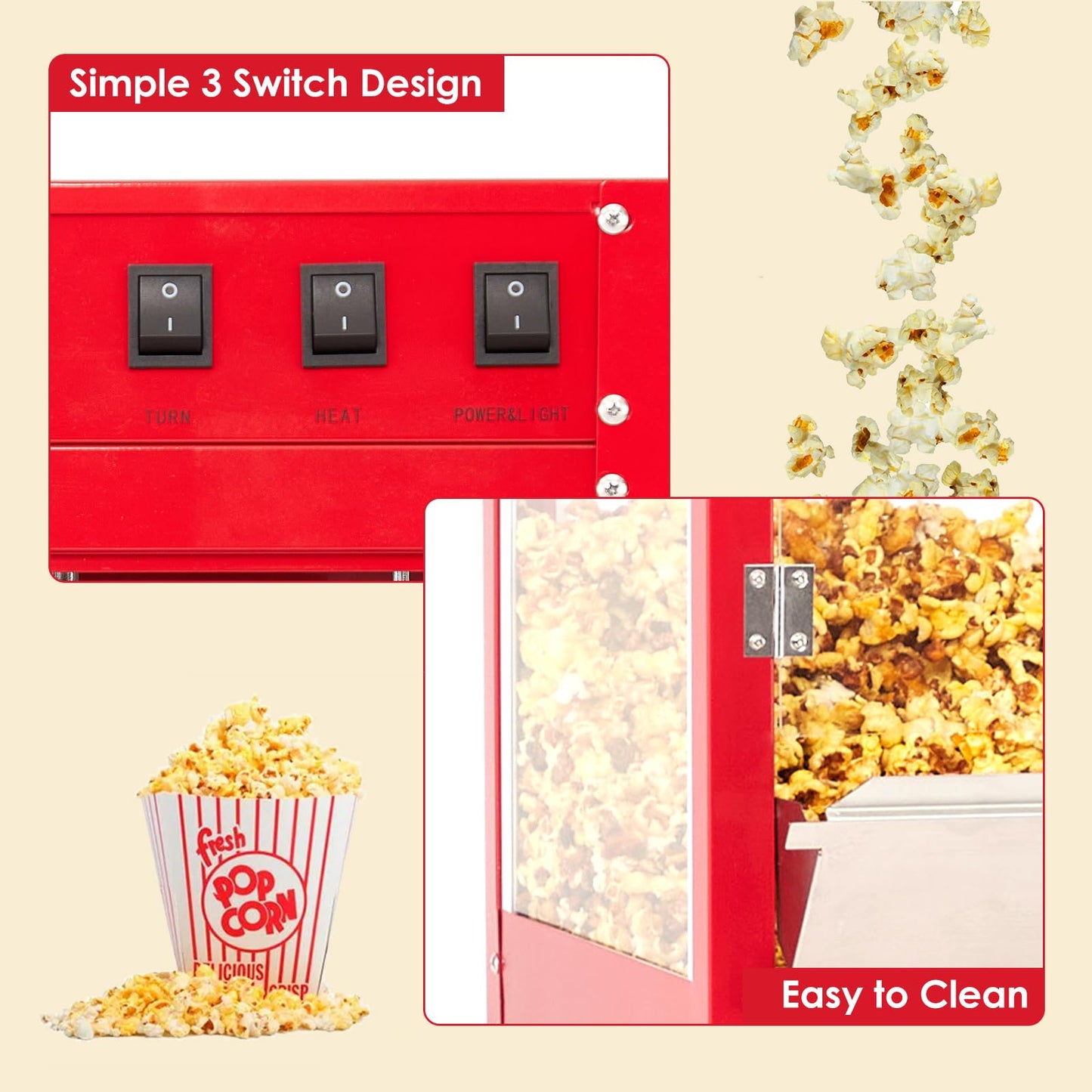 Garvee 8 oz Popcorn Machine with Cart, [3 Mins Get 60 Cups] [Durable] [Professional] [Easy Cleaning] Commercial Popcorn Machine Cart, Old Fashion Movie Theater Style- Red
