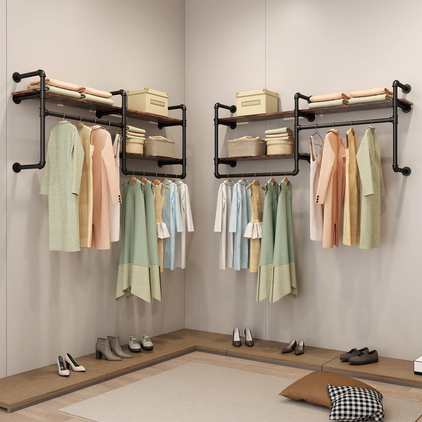 EDCB Industrial Pipe Clothing Rack Wall Mounted - Heavy Duty 2-Tier Closet Organizer with Wood Shelves & Dual Hanging Rods for Bedroom/Retail Store
