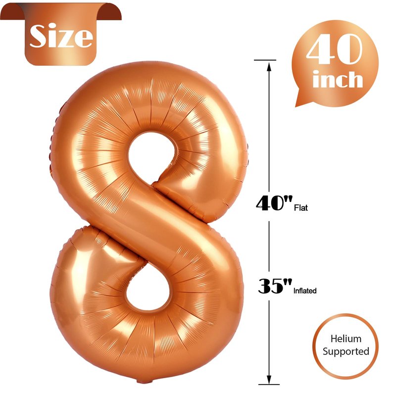 Orange Number 8 Balloon 40 Inch, 8th Birthday Party Decorations for Children, Giant 8 Foil Balloon for Party Supplies
