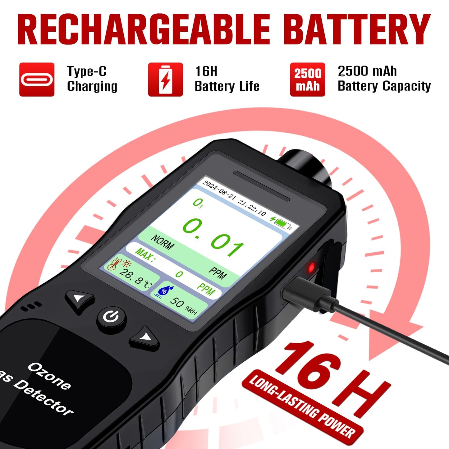 ZYKYCX Portable Ozone Detector, 0-20 PPM Ozone Gas Monitor with 0.01 PPM High Resolution, 16H Long Battery Life, Ozone Meter with Alarm, O3 Air Quality Monitor with Temp & Humidity Tester