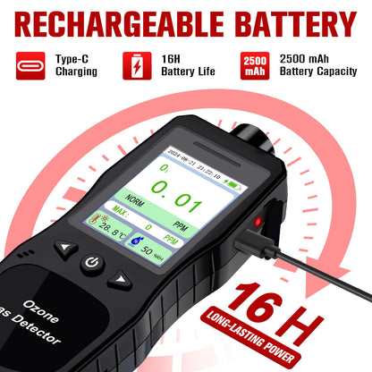 ZYKYCX Portable Ozone Detector, 0-20 PPM Ozone Gas Monitor with 0.01 PPM High Resolution, 16H Long Battery Life, Ozone Meter with Alarm, O3 Air Quality Monitor with Temp & Humidity Tester