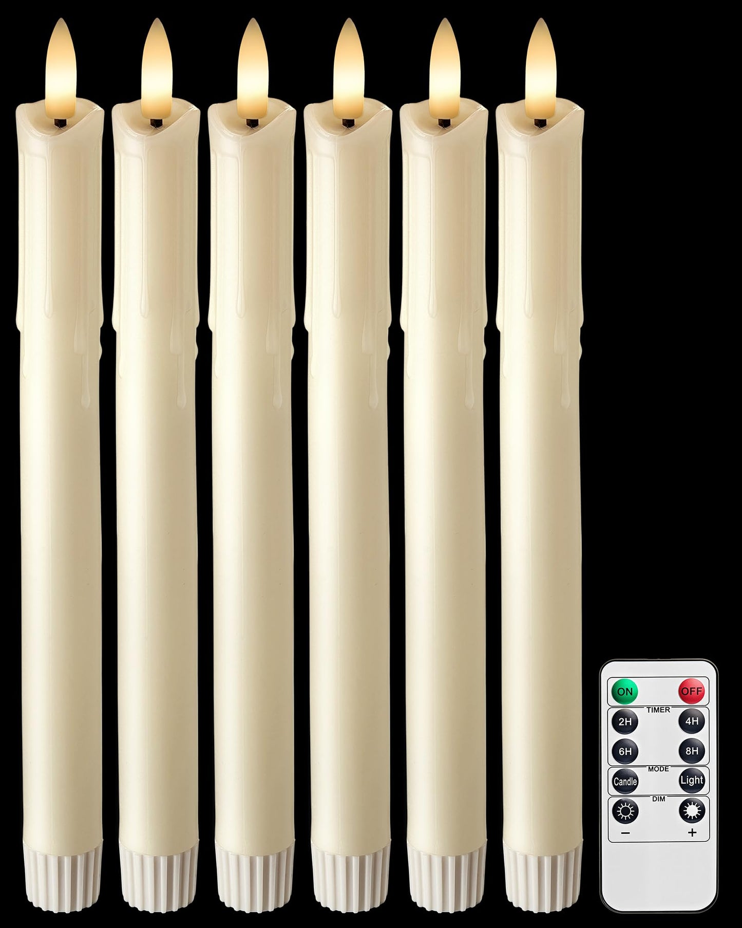 otnofok Flameless Taper Candles Real Wax with Remote, 9.6" x 0.78" LED Candlesticks Battery Operated, 3000K CCT for Wedding, Christmas, Dinner Table Centerpieces, 6 Pack, Ivory Melted Wax Look