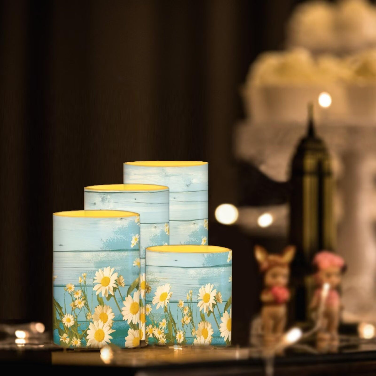 NETILGEN Blue Daisy Flower Flameless LED Candles with Remote Timer Control, Color Changing Flickering Pillar Candles Battery Operated