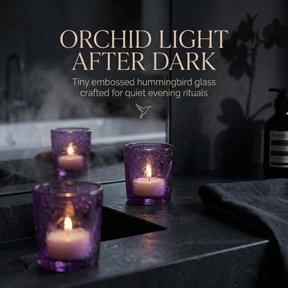 12 Pack Hummingbird Embossed Glass Candle Holders – Votive Tealight Holders with Patent Design, Decorative Embossed Glass Cups for Wedding Centerpieces, Parties, and Home Décor (Amethyst Bloom)