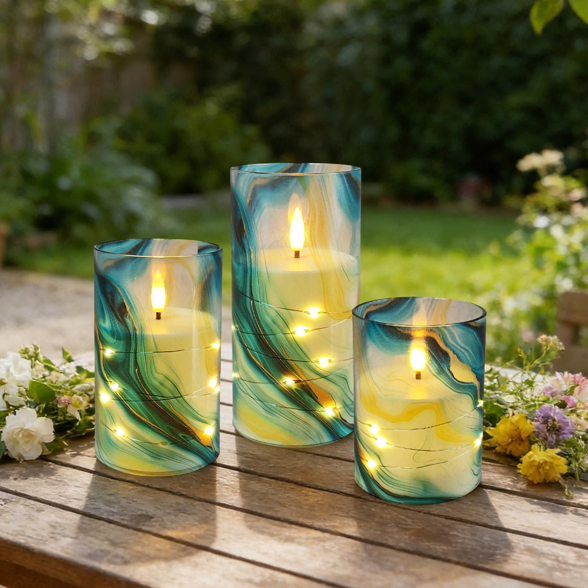 Flickering Flameless Candles Blue Water Ripple Print, Embedded Star String Lights, Battery Operated Acrylic LED Pillar Candles with 11-Key Remote and Timer for Home Decoration, 3 Pack