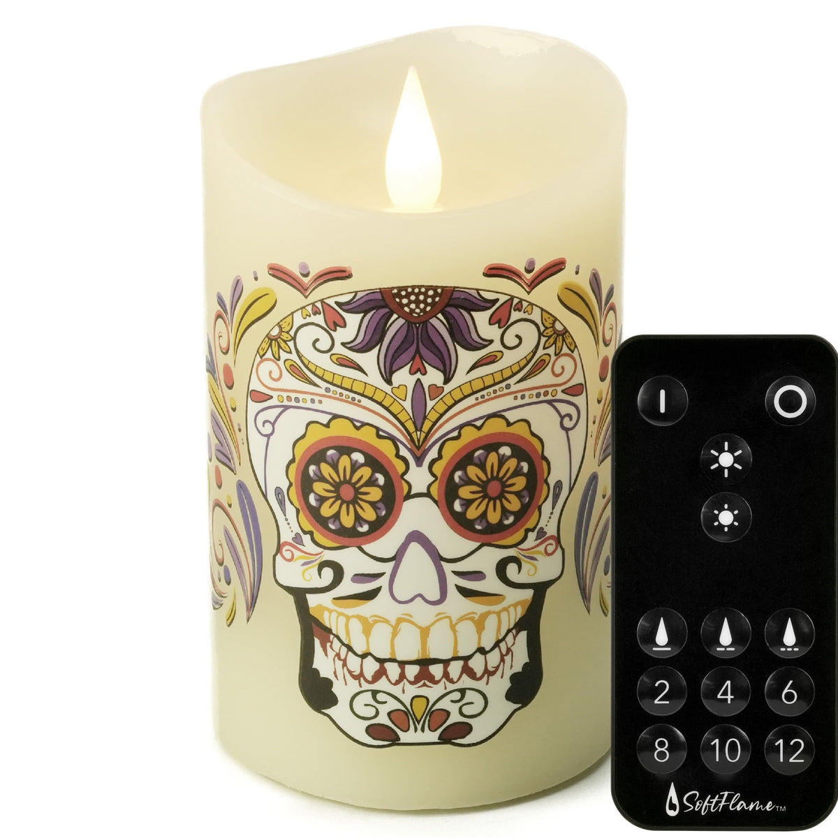 Softflame Halloween Flameless LED Candles with Remote Control, 3"x 5"Battery Operated Pillar Real Wax with Timer for Halloween Decorations, Sugar Skull Candle