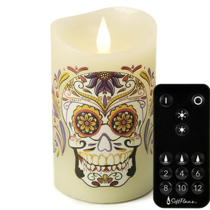 Softflame Halloween Flameless LED Candles with Remote Control, 3"x 5"Battery Operated Pillar Real Wax with Timer for Halloween Decorations, Sugar Skull Candle