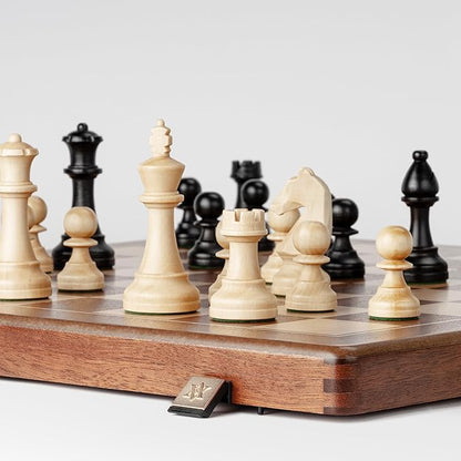 A&ampA Premium Folding Chess Set 19 Wooden Board &amp 3.75 King Height Staunton Pieces with 2 Extra Queens Portable Travel Game Set (Natural Mahogany 19 Inches)