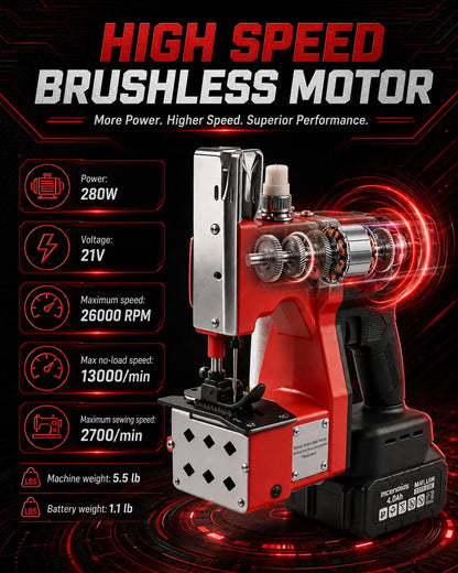 Cordless Electric Bag Sewing Machine, 280W Brushless Motor Portable Bag Closer Stitcher with 2x4.0Ah Batteries, 2s/bag Heavy Duty Packing Machine for Woven PP Sack, Kraft Paper, Leather