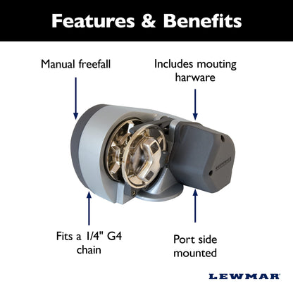 Lewmar Pro Sport 550 12V Windlass for 1/4" G4 Chain, Manual Freefall, Maximum pull 550 lbs., Port Side Mounted Gypsy, for Boats 20'-30' - 2020201167