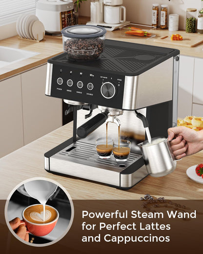 (2026 Upgrade) Espresso Machine with Grinder, Expresso Coffee Machines with Built-in Anti-Clog Coffee Grinder/Milk Steam Wand/Frother, Expresso Machines for Home Perfect Cappuccino & Latte-Gloss Black