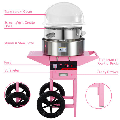 GarveeTech Commercial Cotton Candy Machine with Cart - Pink Cotton Candy Machine With Stainless Steel Bowl, Sugar Scoop, Drawer. Ideal for Family Party Fun(Without lid)
