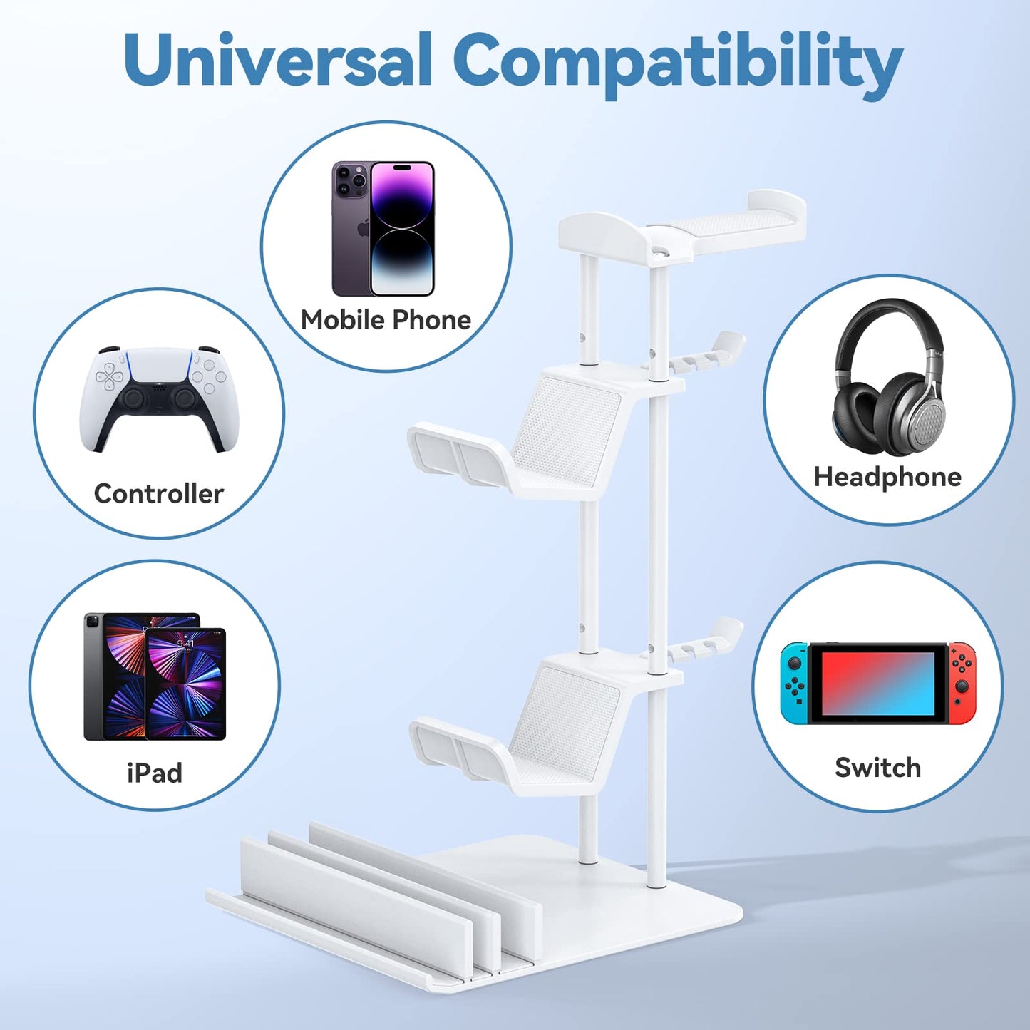 KDD Headphone Stand, Controller Holder & Headset Holder for Desk, Earphone Stand with Aluminum Supporting Bar, Universal Storage Organizer Headphones/Controller/Switch/Mobile Phone(White)