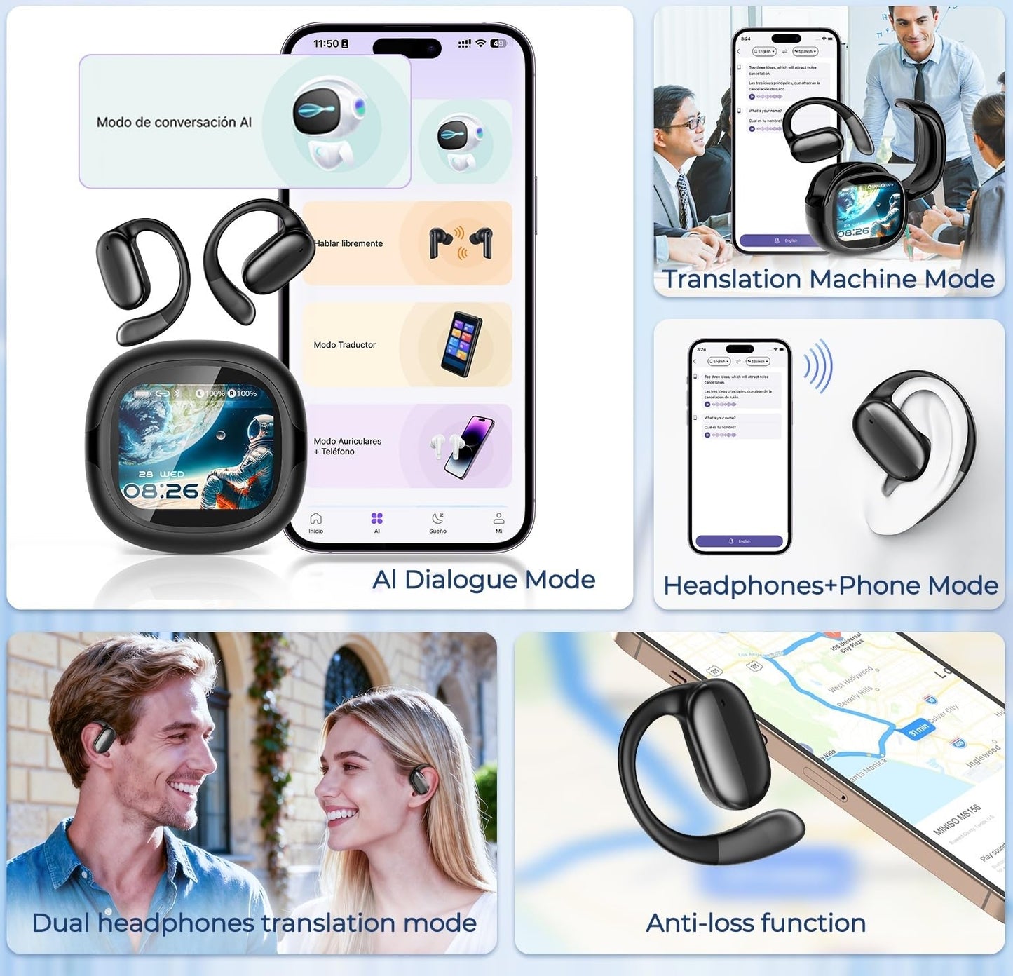 NE58 AI Translation Earbuds Real Time, 134 Language Translator Wireless Bluetooth 6.0 Open Ear Earbuds, LED Touch Screen, Noise Cancelling Translate Ear Buds for Travel & Business Meetings (Black)