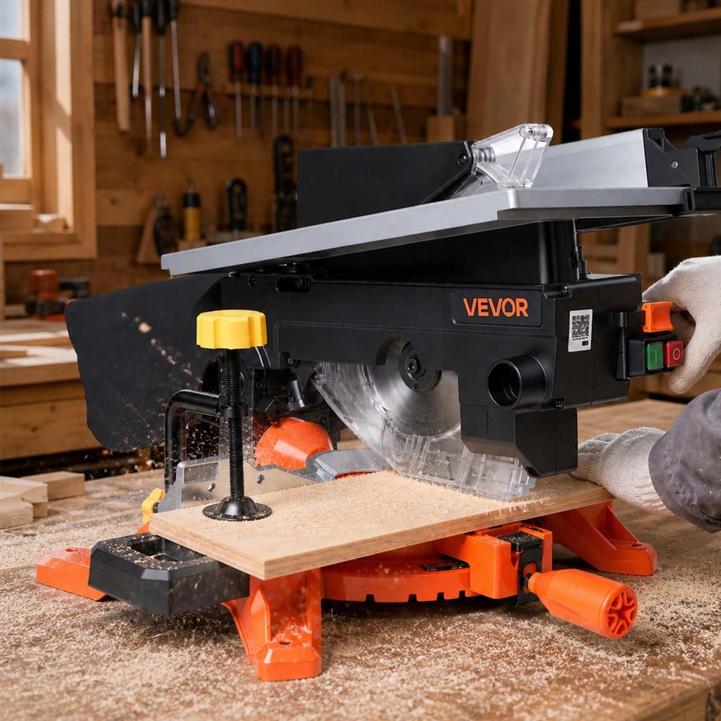 VEVOR Compound Miter Saw, 8-1/4 inch Blade, 2-in-1 Miter/Table Saw, with Precision Laser Alignment, Adjustable Angles, 4800 RPM, with Splash Guard, for Cutting Wood, Metals, Laminates, and Plastic