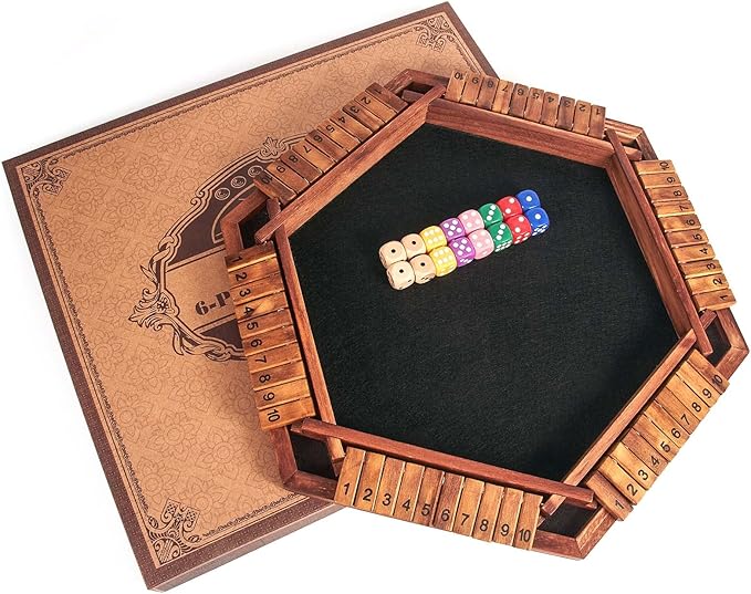 AMEROUS Upgraded 1-6 Players Shut The Box Dice Game Wooden Board Table Math Game with 16 Dice for Kids Adults Family Classroom Home Party or Pub