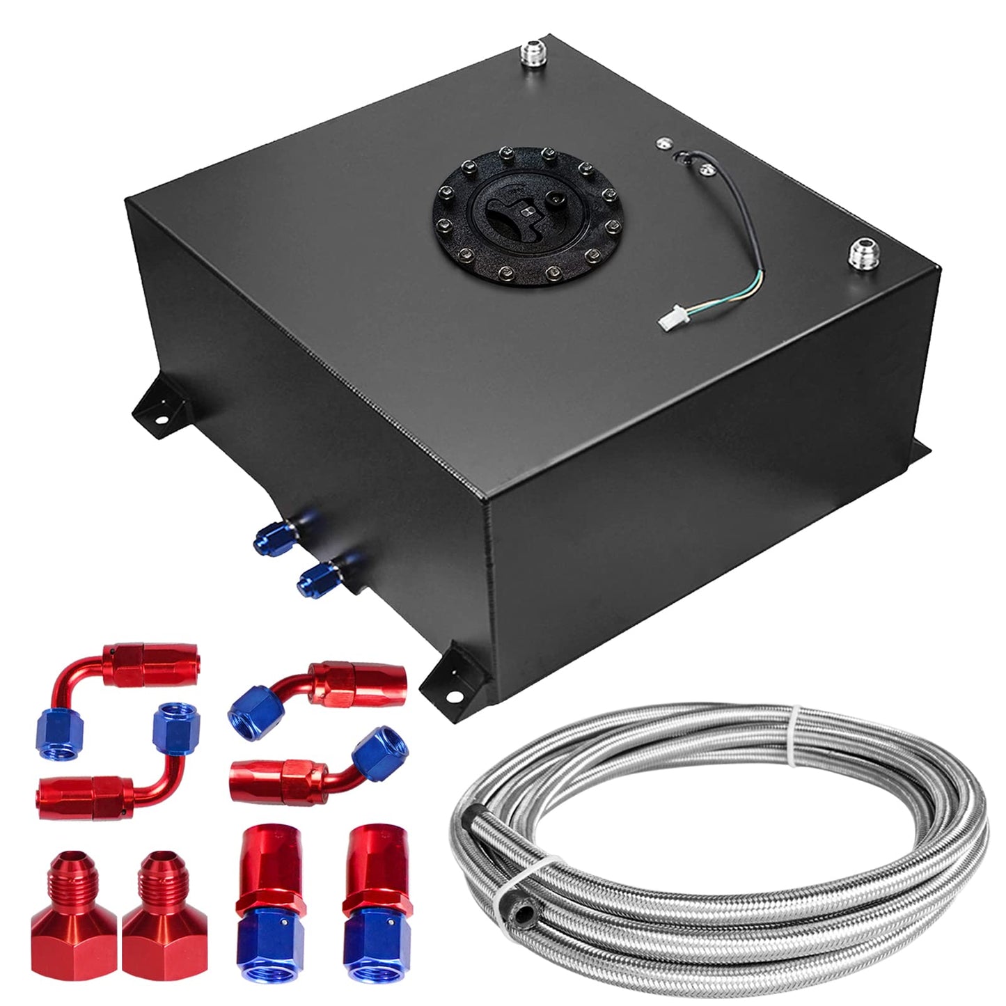 Dexepe Universal 15 Gallon 60L Fuel Cell Polished Aluminum Fuel Tank with Cap/Level Sender/12FT Oil Feed Line Black