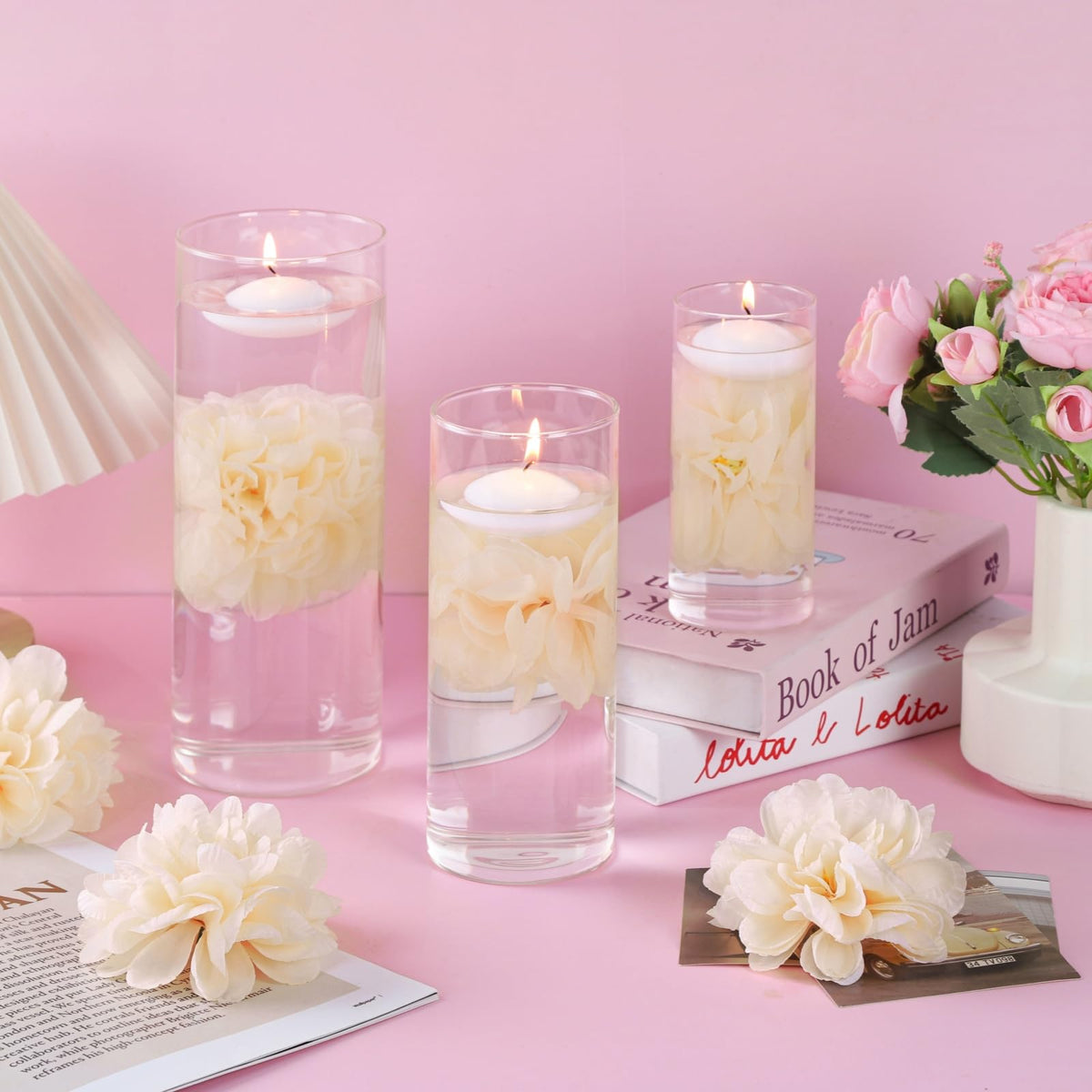 24 Pcs Floating Candles for Centerpieces and Floating Flowers for Centerpieces Champagne Artificial Flowers Vase Fillers for Wedding Table Party Home Decoration