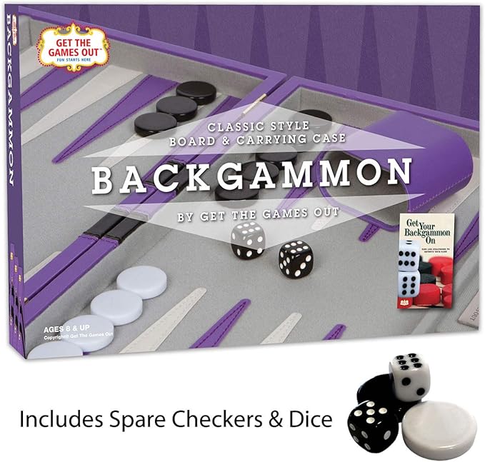 Get The Games Out Backgammon Set Classic Board Game Case 2 Players Includes Strategy &amp Tip Guide Perfect for Parties and Family Game Nights -Small Purple
