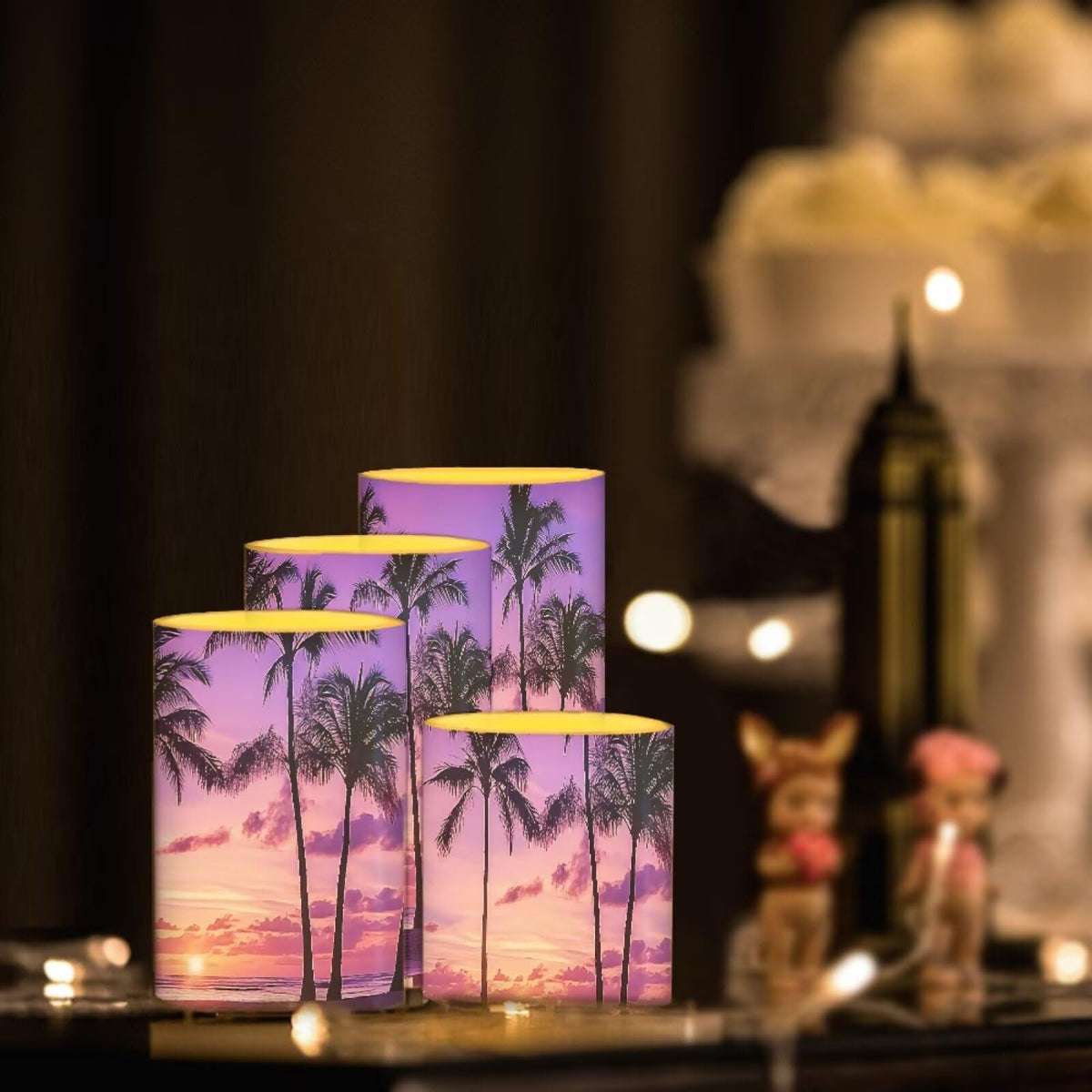 NETILGEN Tropical Palm Trees Purple Sunset LED Flickering Pillar Candles for Home Decor 4 Packs Flameless Candles with Remote and Timer