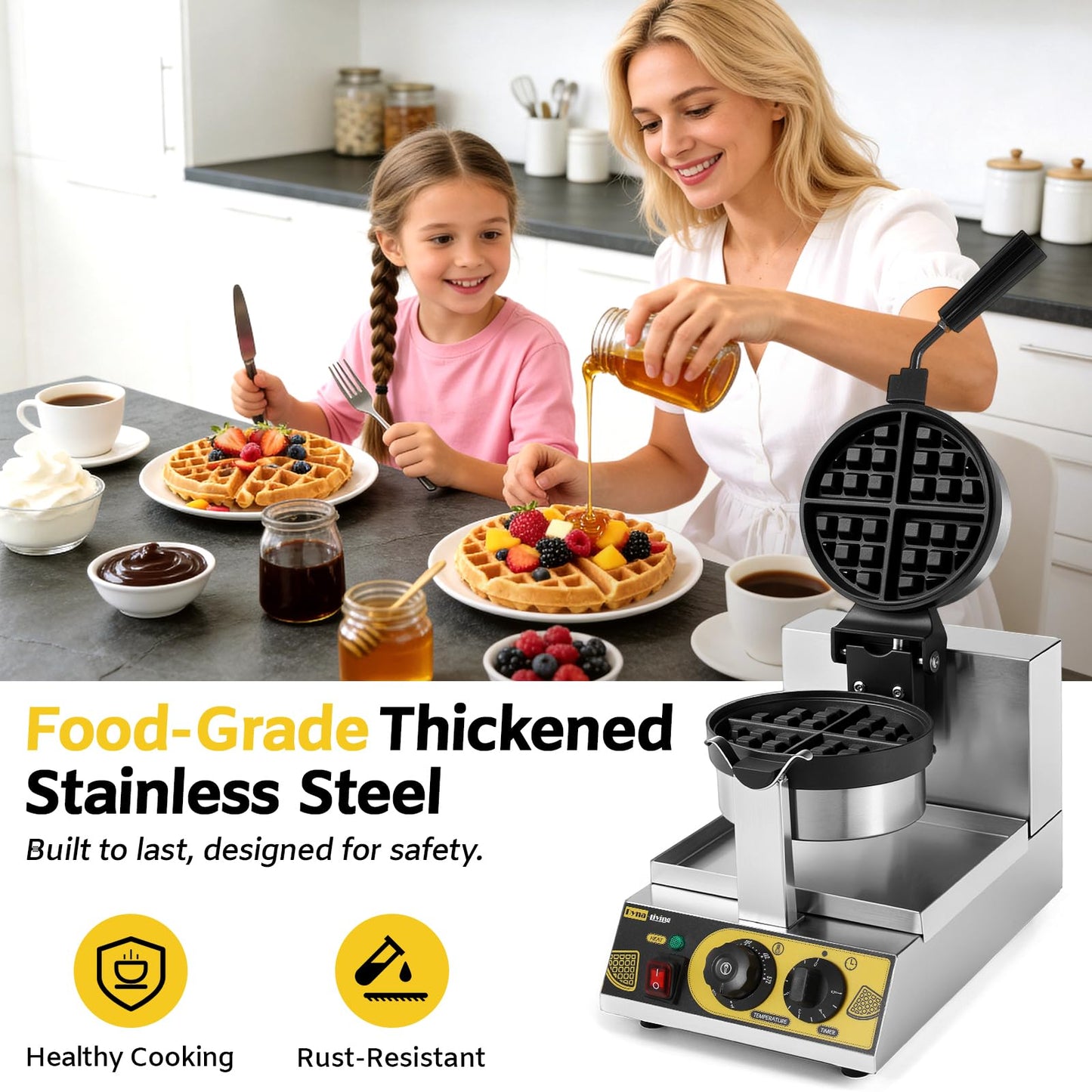 Dyna-Living Commercial Waffle Maker Belgian Waffle Iron for Restaurant, 1200W Flip Professional Waffle Maker Non-Stick Electric Restaurant Waffles Machine for Bakery Snack, 122℉-572℉ Temp Adjustable