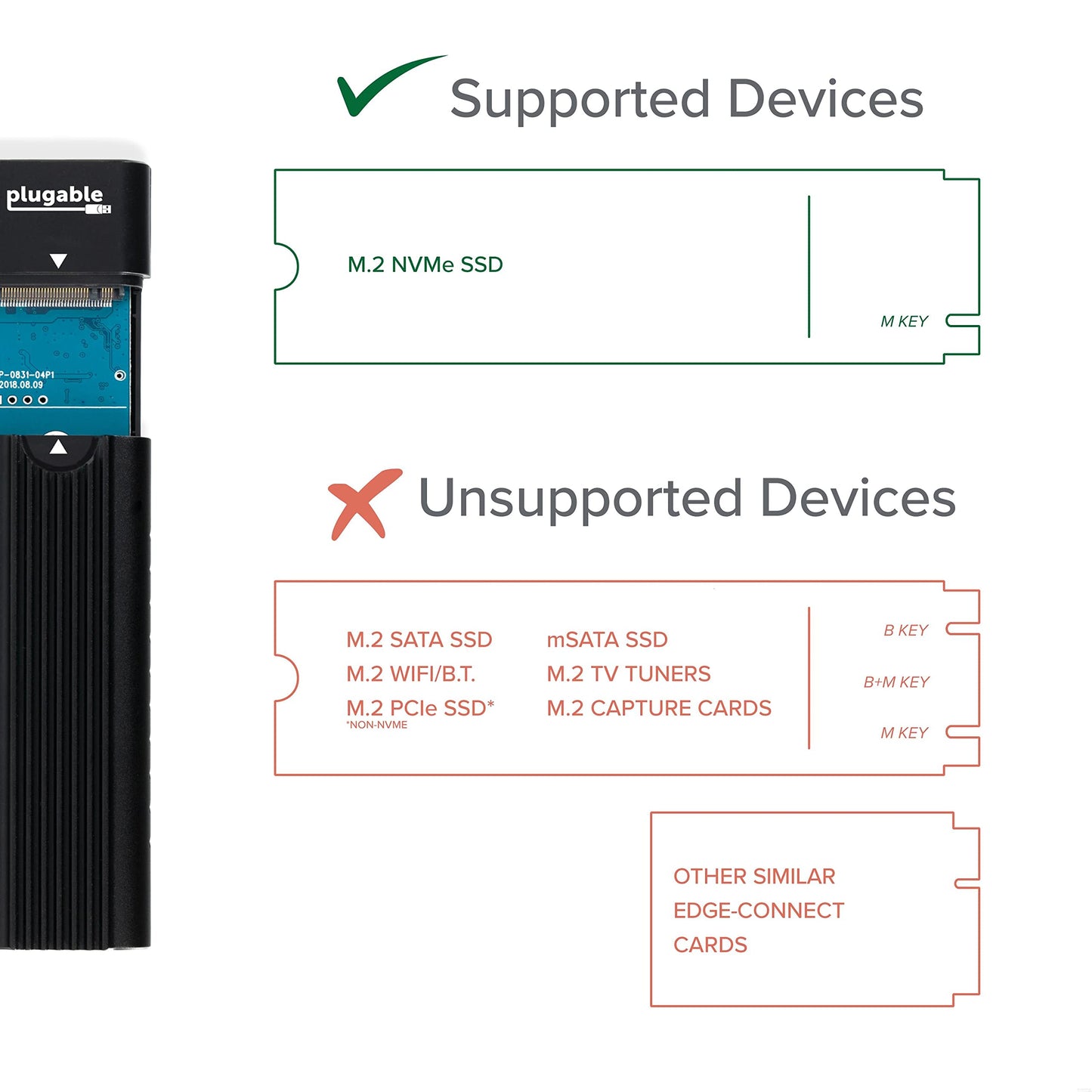 Plugable M.2 NVMe SSD Enclosure; Tool-Free & Driverless, USB 3 Type-C, Including Thunderbolt and USB4, at 10Gbps. for M.2 NVMe SSDs 2230 to 2280 PCIe Gen 3 and 4. USB Cables Included