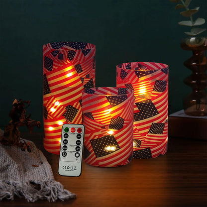 NJAO HOO Flickering Flameless Candles, LED Candles 3D Wick Acrylic Battery Operated LED Pillar Candles with Remote and Timer for Day 4th of July Decor Set of 3(American Flag)