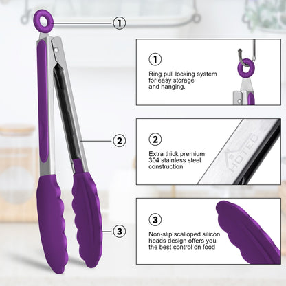 HOTEC Premium Stainless Steel Locking Kitchen Tongs with Silicon Tips, Set of 3-7", 9" and 12" (Purple)