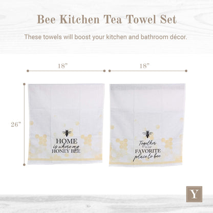 Young's Inc. Cotton Dish Towels - Set of 2 - Absorbent Tea Towels for Drying Dishes, Glassware, and Hands - Spring Bathroom and Kitchen Decor - Honey Bee