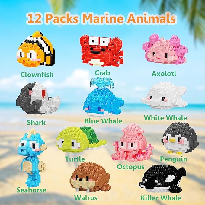 Party Favors 12 Packs Mini Marine Animals Micro Building Blocks Set Classroom Prizes Small Toy Prizes Goodie Bags Birthday Festival for Ages14+
