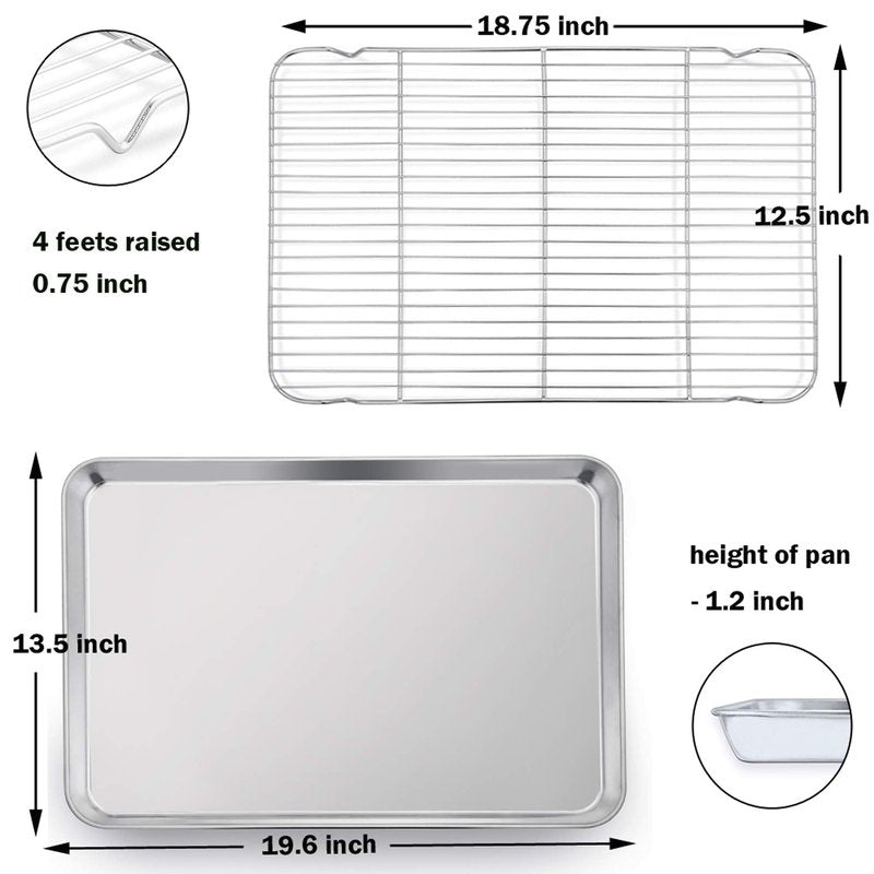P&P CHEF 19.6 Inch Baking Sheet Pan with Rack Set, Stainless Steel Cookie Sheet Pan Tray with Cooling Rack for Oven Use, Cooking Roasting, Non Toxic & Dishwasher Safe, Heavy Duty