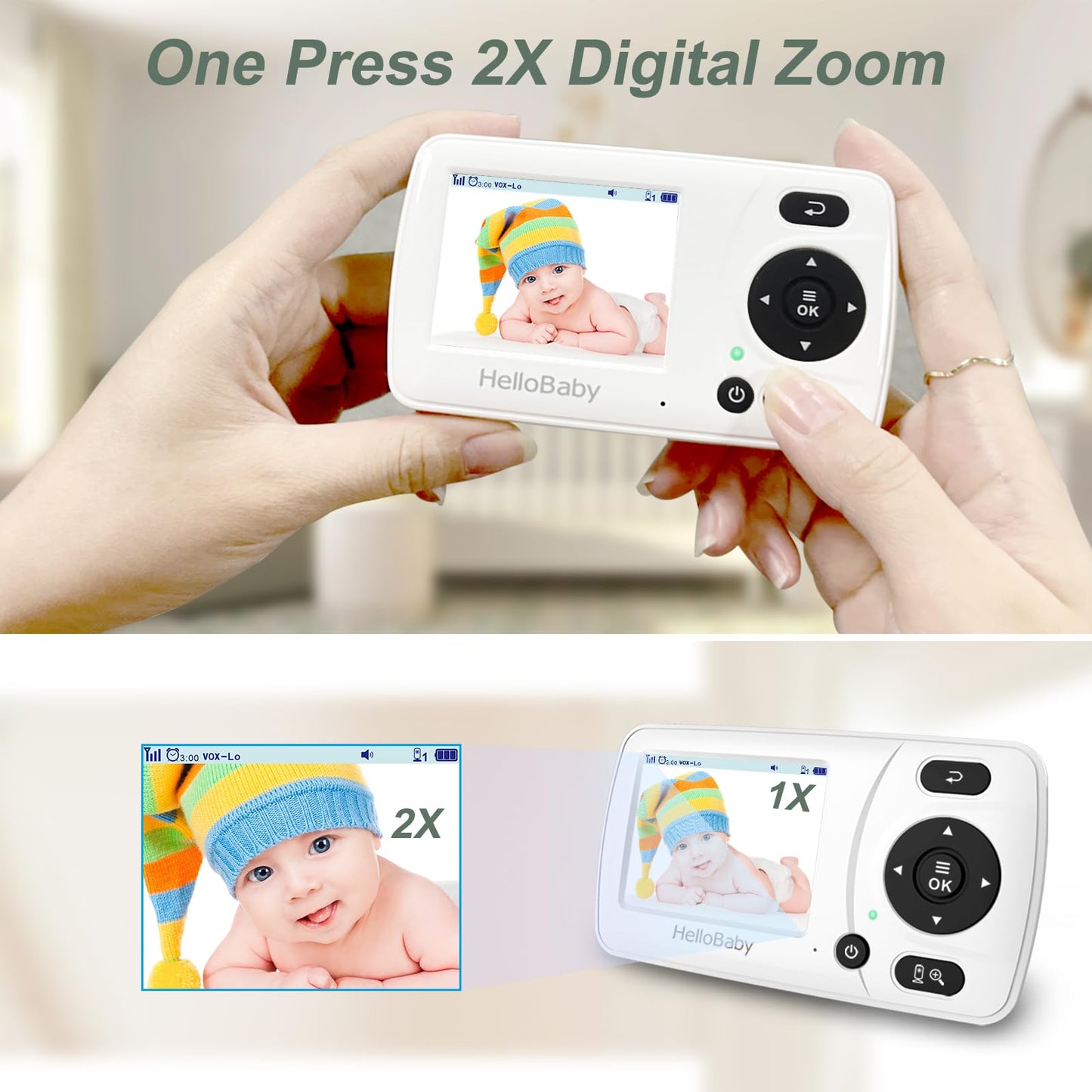 HelloBaby Monitor with Camera and Audio, 1000ft Long Range Video Monitor-No WiFi, Night Vision, VOX Mode-Power Saving, 2.4'' Portable Travel Screen, Safety Camera, for Baby/Pet, Plug & Play